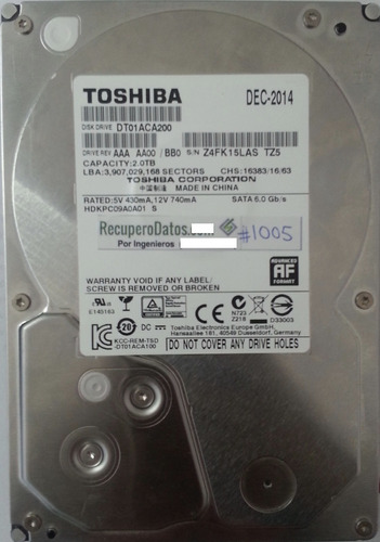 Disco Toshiba Dt01aca200 2tb Sata 3.5 - 1686 Recuperodatos