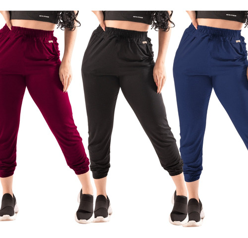 Kit 3 Calça Feminina Jogger Bolso Viscolycra Lisa - T0570