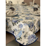 Toalha De Mesa Retangular Jacquard Floral Azul 1,40 X 4,00  