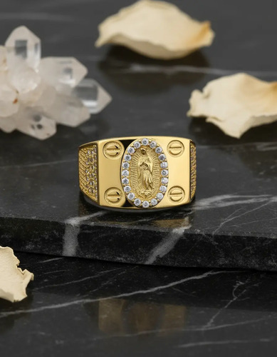 Anillo Caballero Virgen Guadalupe Con Piedras Oro Sólido 14k