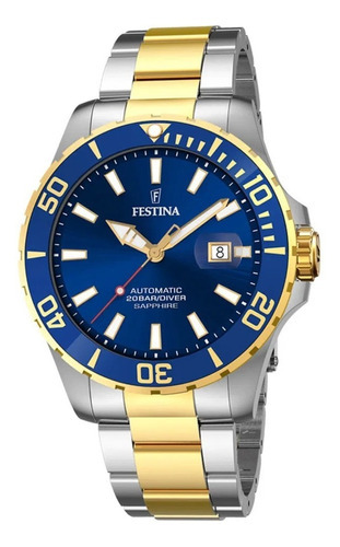 Reloj Festina Hombre F20532.1 Automatico Acero 200 Mts Color De La Malla Plateado Y Dorado Color Del Bisel Azul Color Del Fondo Azul