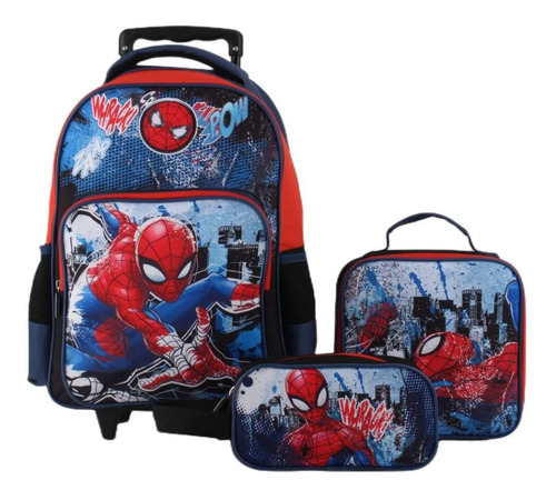 Mochila Escolar Con Ruedas Spiderman + Lonchera + Estuche