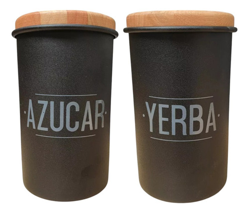 Set Tarro Azúcar Y Yerba Negro Con Tapa Madera Cocina Lata