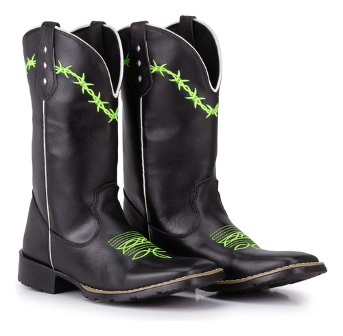 Bota Texana Preto Bordado Verde Neon Bico Quadrado 