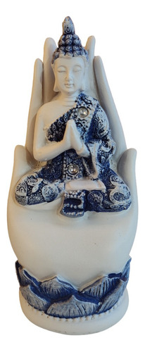 Adorno Figura Buda En Mano Blanco Azul 14cm De Altura.