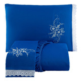 Jogo De Lençol Casal Padrão Bordado + Capas Para Travesseiro Cor Azul Desenho Do Tecido Liso