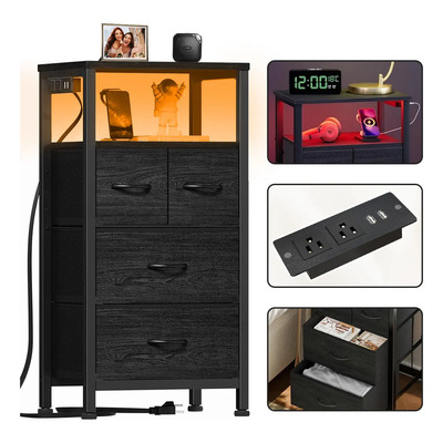 Buro Mesita de Noche Negro con Luz LED RGB y Estación de Carga USB | Envío gratis
