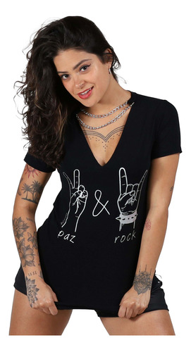 Blusa Feminina Estampada Paz E Rock Com Correntes