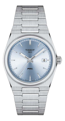 Reloj Tissot Prx 35mm De Acero Plateado Con Fondo Celeste Ss