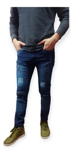 Jeans De Hombre Chupin Elastizado Con Roturas En La Rodilla