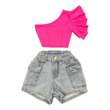 Conjunto Infantil Meninas Cropped Babado Short Jeans Cargo 