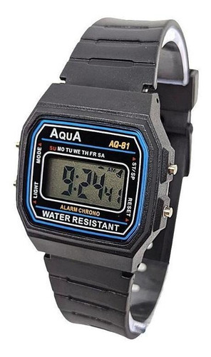 Relógio Retro Digital De Pulso Aqua Aq-81 Correia Preto Bisel Azul Fundo Verde