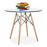 Mesa Eames Redonda Con Patas De Madera Vidrio Templado 120cm