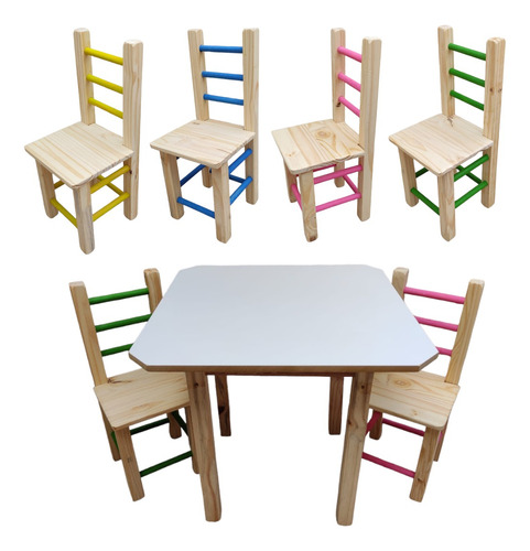 Mesa Infantil Colorida De Madeira Maciça Com 2 Cadeiras