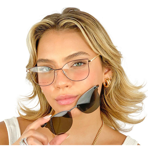 Óculos Armação Feminino Para Grau + Clip On 2 Em 1