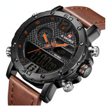 Reloj Led Naviforce 9134 De Cuero Para Hombre Color Del Fondo Negro/naranja