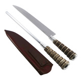 Conjunto Faca E Chaira Inox Rabo Tatu Bainha Couro Churrasco