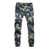 Calças Masculinas Floral Algodão Linho Leggings Laço Leggin