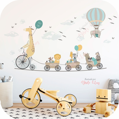 Vinilo Decorativo Infantil Bebe Jirafa En Tren Y Bicicleta 