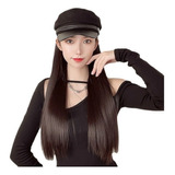 Peluca Negra Larga Recta Para Mujer Con Gorra 35cm