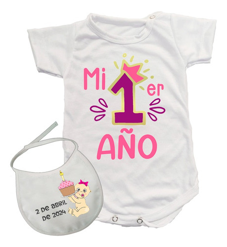 Body + Babero Bebe Primer Año 1er Personalizado Fecha Nac