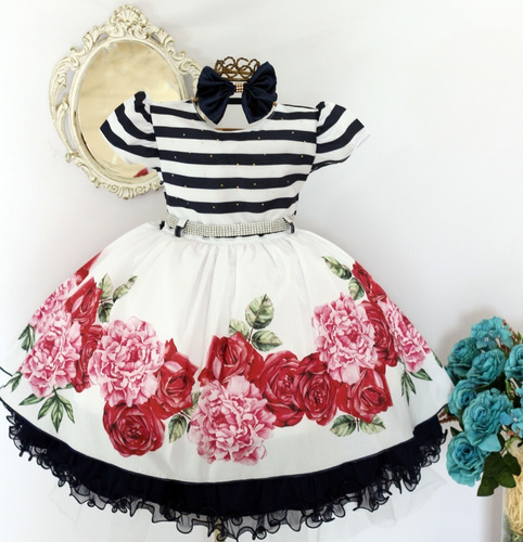 Vestido Infantil Floral Jardim Encantado Azul Royal Promoção