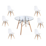 Juego De Comedor Mesa Redonda Vidrio 120cm + 6 Sillas Eames