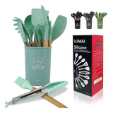 Kit 12 Utensílios De Cozinha Em Silicone E Cabo De Madeira