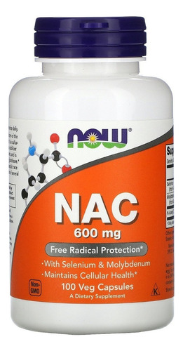 Now Nac - Selenium And N-acetyl Cysteine - 600 Mg - 100 Vegcaps - Sin Sabor