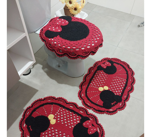 Jogo De Banheiro Em Crochê Tema Minnie, Com 3 Peças. 