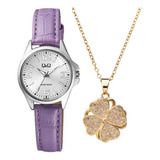 Set Reloj Q&q Correa En Cuero Lila Y Collar Trebol Giratorio