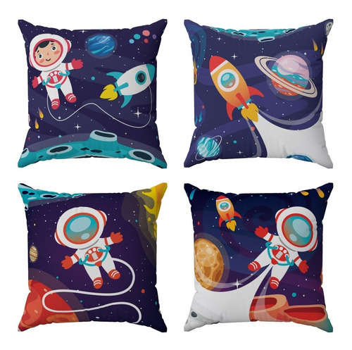 Kit 4 Almofadas Cheias Decoração Infantil Astronauta 30x30cm