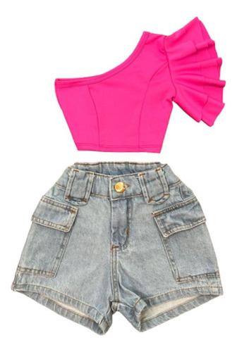 Conjunto De Menina Cropped E Short Jeans Cargo Tendência 