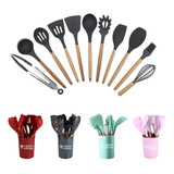 Conjunto Utensílios Cozinha Silicone Bambu + Porta Talheres