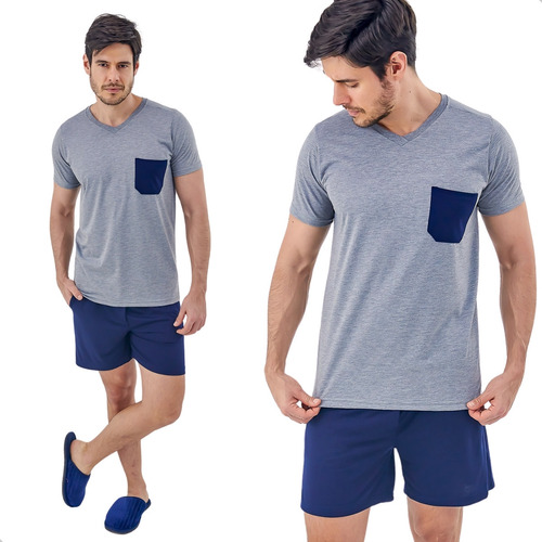 Pijama Masculino Adulto Curto Em Malha Com Shorts Com Bolsos