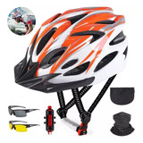 Casco De Bicicleta Unisex+luz De Bicicleta+gafas+mascara Color Naranja Y Blanco Talla M