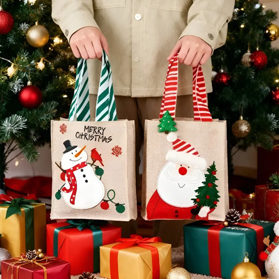 2pcs Bolsas Navideñas De Yute Con Santa Y Muñeco De Nieve