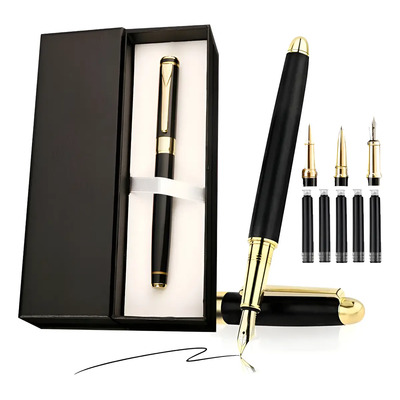 Pluma Fuente Acero Inox Lujo Metalica Calidad Caja De Regalo Negro