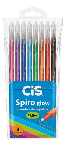 Esferográfica Cis Spiro Glow Cor Azul/preta/vermelha/roxa/rosa/verde/azul Claro/laranja Exterior Azul/preta/vermelha/roxa/rosa/verde/azul Claro/laranja Traço Fina 0.7 Mm Em Estojo - Kit De 8