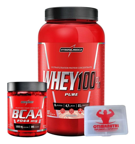 Combo 100% Whey Morango + Bcaa 2:1:1 + Porta Cáps - Integral