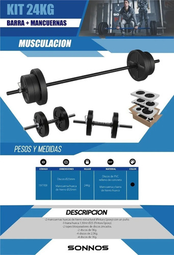 Kit Barra + Mancuernas + 24 Kg. De Discos. Pesas. Cuotas!