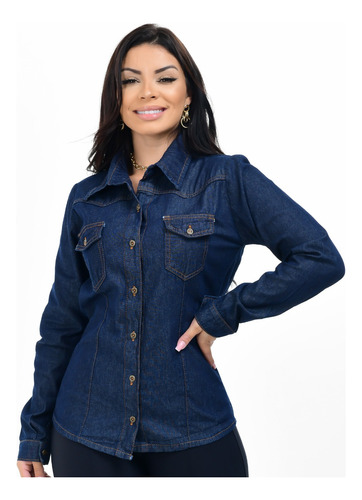 Camisa Blusa Jeans Escura Feminina Envio Imediato Novo V24