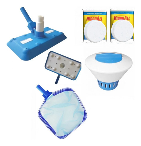 Kit Limpeza Piscina Aspirador Peneira Flutuador 2 Pastilhas