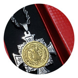 Medalla Cruz San Benito Dorad Cadena Y Caja Acero Quirúrgico