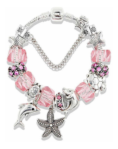 Pulsera + 17 Charm  De Estrella De Mar Y Delfín Rosa