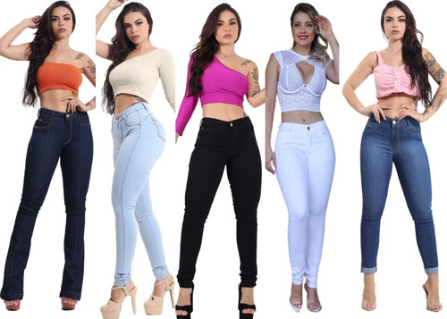 Kit 5 Calça Jeans Feminina Cintura Alta  Levanta Bumbum