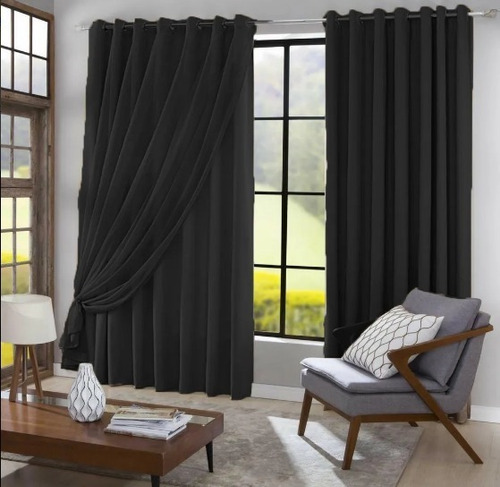 Cortina Blackout Com Voil 4,00x2,70 Para Varão Preto