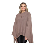 Poncho Feminino Tricot Manga Longa Gola Alta Mousse Liso Lã 