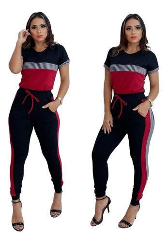 Conjunto Moda Feminina Blusa Manga Curta+calça Crepe Xadrez 