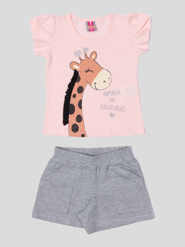 Conjunto Blusa Meia Malha Girafa E Shorts Moletom Infantil M